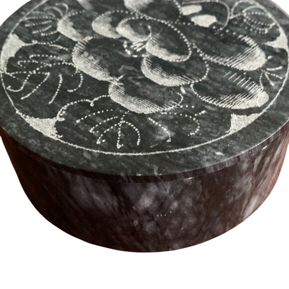 Decorative Black Granite Marble Round Jewelry Box With Floral Carved Lid 4x1.5" - Picture 8 of 9